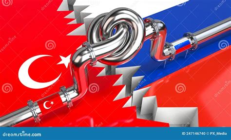 Fuel Gas Pipeline With A Knot Flags Of Turkey And Russia 3D