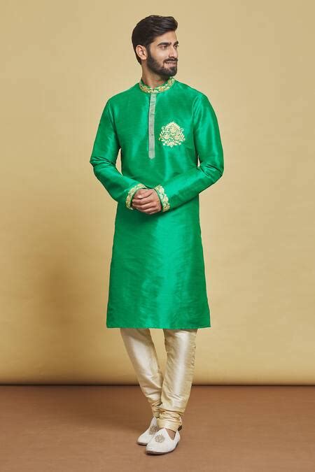 Buy Green Silk Embroidery Thread Placement Kurta Set For Men By