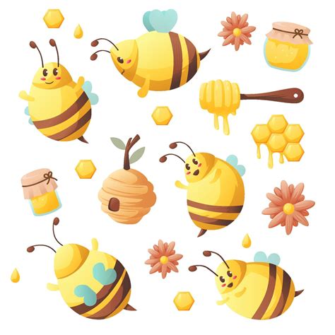 Cute Fat Cartoon Bee Animal Sticker Set Element With Honeycomb Honey