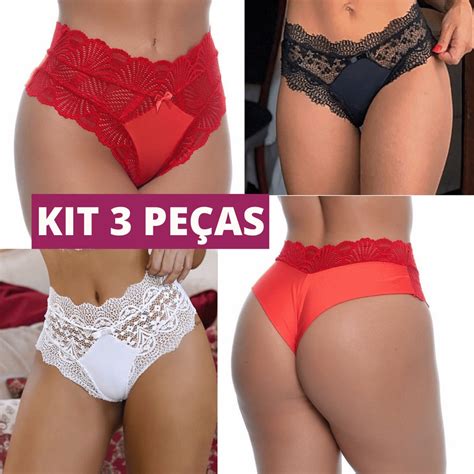 Kit 3 Calcinha Fio Duplo Tendência Microfibra e renda luxo Cintura Alta Lingerie Sexy Shopee