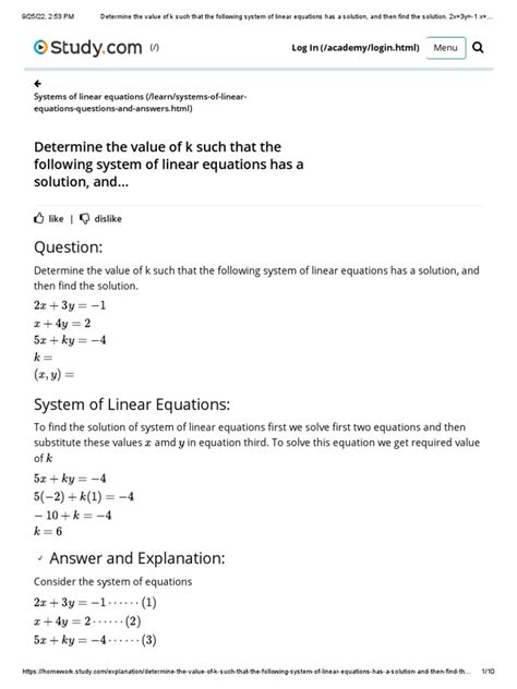 Determine The Value Of K Such That The Following System Of Linear Equations Has A Solution And