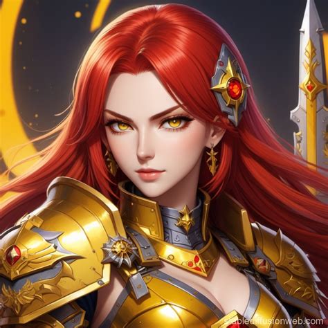 Armor Clad Red Haired Woman With Yellow Eyes In Warhammer 40k Style