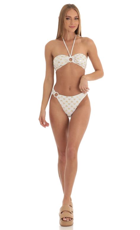 Gold Heart Halter Bikini Set In White LUCY IN THE SKY