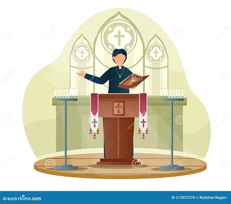 Male Priest Is Giving Speech From Tribune In Church Stock Vector