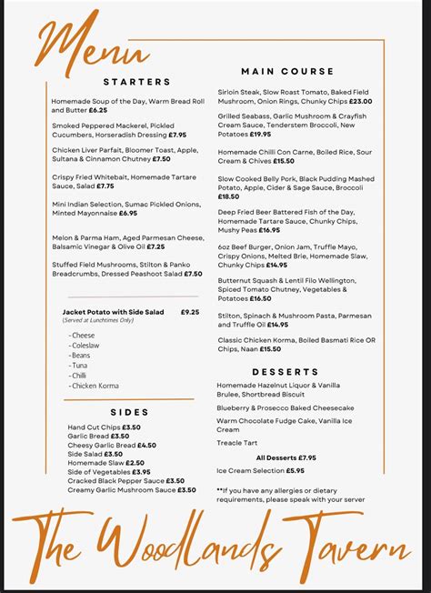 Menu at The Woodlands Tavern restaurant, Caerwent