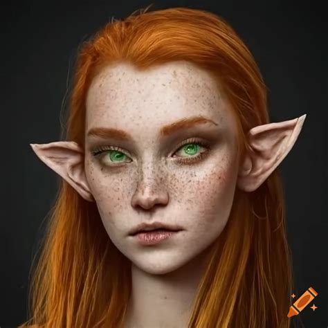 Portrait Of A Ginger Haired Elven Woman With Green Eyes And Freckles On