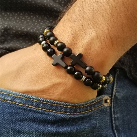 Man Beaded Cross Bracelet Men Cross Bracelet Black Onyx Etsy