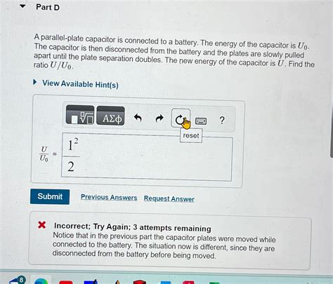 Solved Part DA Parallel Plate Capacitor Is Connected To A Chegg