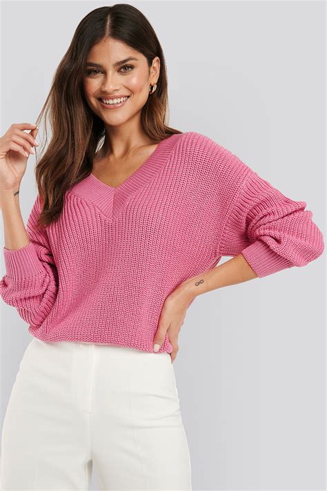 V Neck Wide Rib Knitted Sweater Pink Na Kd