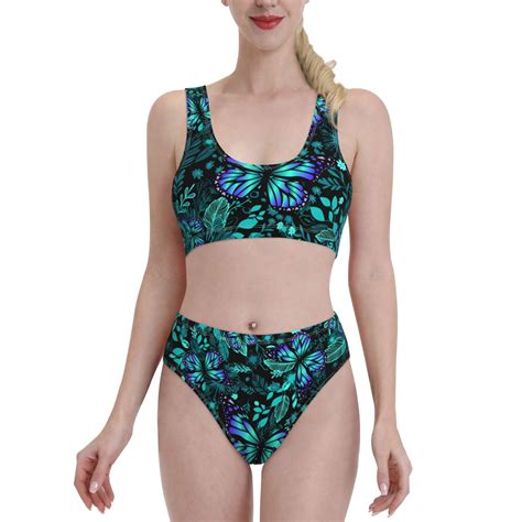 Adobk Blue Floral With Butterflies Print Women High Waisted Bikini Set