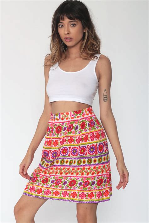 Floral Mini Skirt 70s High Waisted Hippie Boho Skirt Psychedelic Print Skirt Retro Bohemian