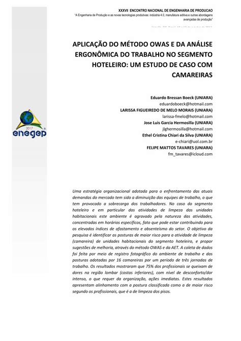 PDF APLICAÇÃO DO MÉTODO OWAS E DA ANÁLISE ERGONÔMICA DO