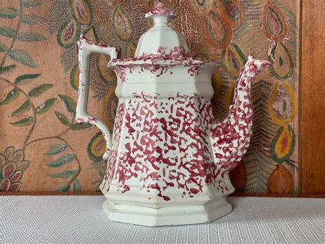 Antique Red White Henn Style Pottery Splatterware Spongeware Teapot