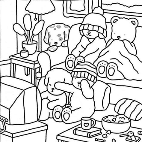 A Black And White Drawing Of Teddy Bears In A Living Room With Food On