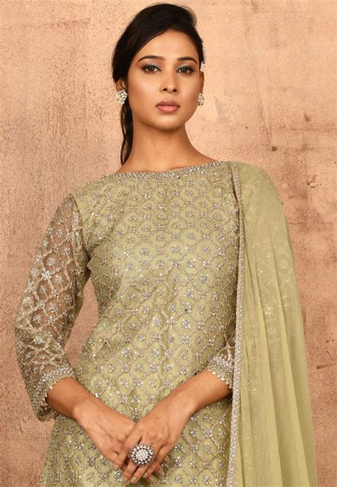 Buy Embroidered Net Lehenga In Pastel Green Online Luf Utsav