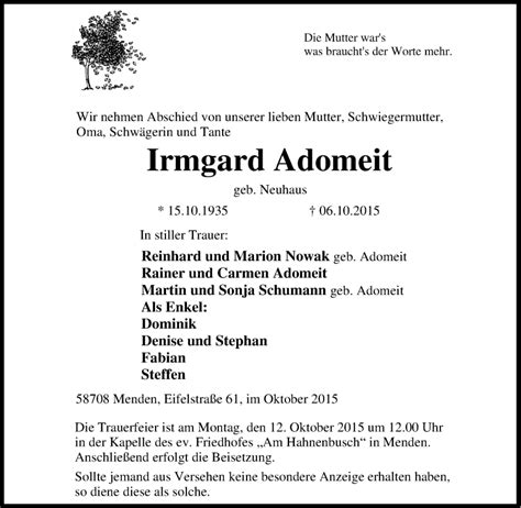 Traueranzeigen Von Irmgard Adomeit Trauer In Nrw De