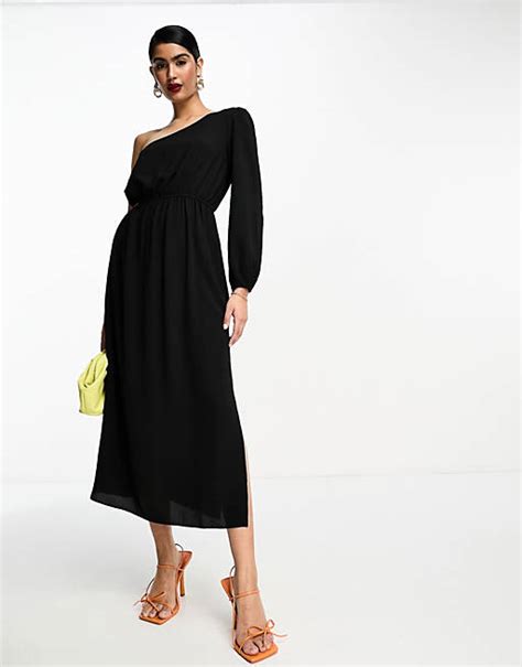 Asos Design One Shoulder Cut Out Midi Dress In Black Asos