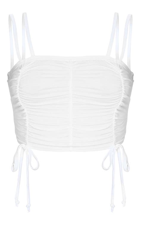 White Ruched Detail Strappy Crop Top Tops Prettylittlething