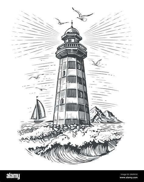 Vintage Old Lighthouse And Sea Waves Seascape Engraving Style Vector