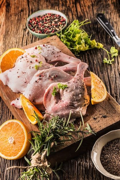 Premium Photo Top Of View Raw Duck Legs With Oranges Herbs Rosemary