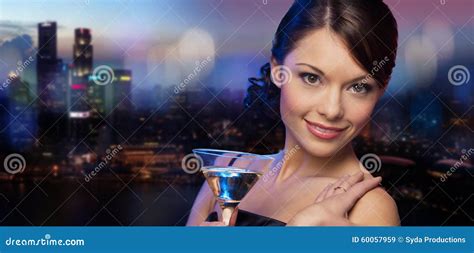 Smiling Woman Holding Cocktail Over Night City Stock Image Image Of