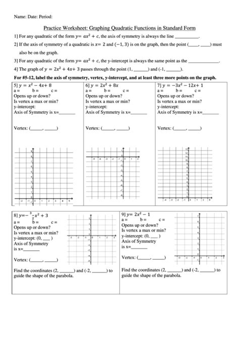 Graphing Quadratic Functions Standard Form Worksheet