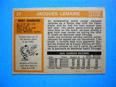 1972 73 O PEE CHEE NHL HOCKEY CARD 77 JACQUES LEMAIRE EX NICE 72