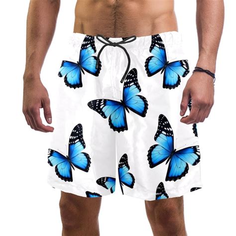 Mens Blue Butterflies Pattern Swim Trunks Quick Dry Board Shorts