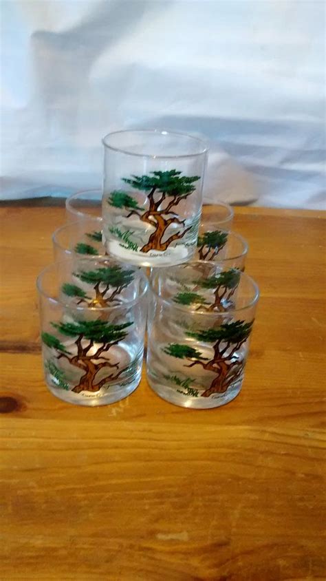 Couroc Glassware Double Old Fashion Glasses Lone Cypress Tree Design