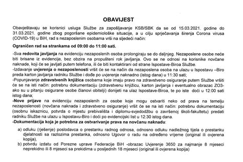 Slu Ba Za Zapo Ljavanje Sbk Ksb Redovna Javljanja Na Evidenciju