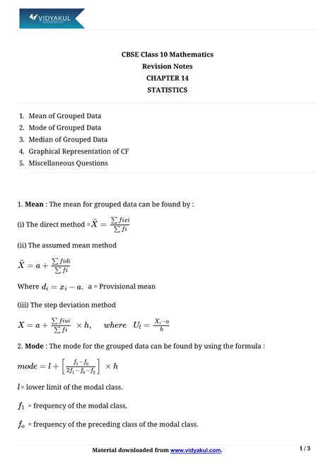 Class 10th Math Statictics Ncert Notes Cbse 2023