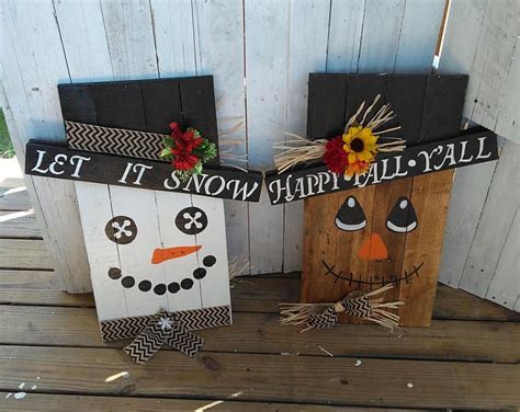 Reversible Scarecrow And Snowman Wood Sign Pallet Porch Decorating