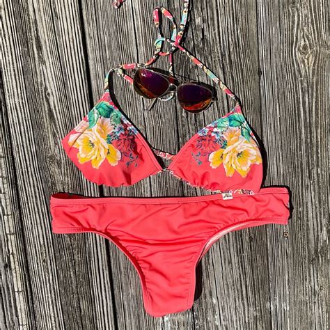 Hobie Floral Triangle Top Cheeky Bikini Set Orange La Gem