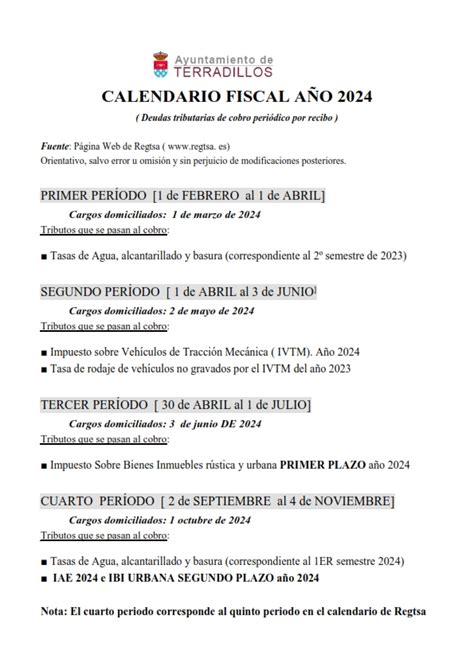 CALENDARIO FISCAL 2024 Ayuntamiento De Terradillos