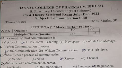 Sessional Exam Communication Skills B Pharmacy 1st Semester