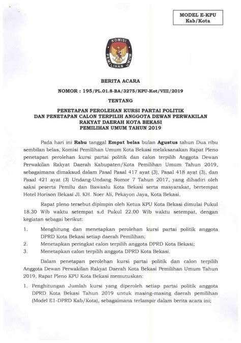 Berita Acara Dan Lampiran Penetapan Anggota Dprd Kota Bekasi Pileg 2019