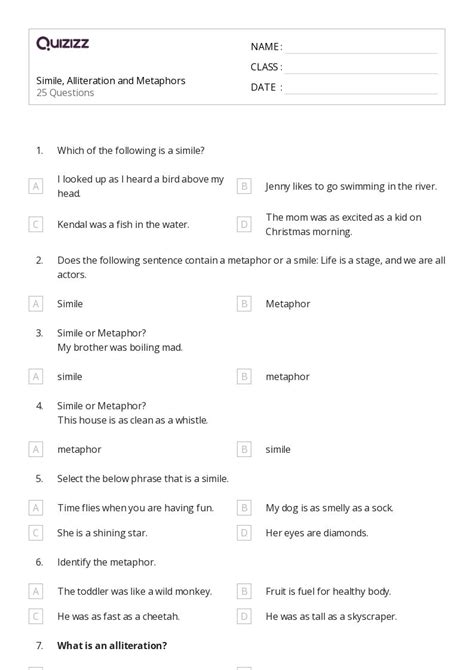 Alliteration Worksheets For Th Class On Quizizz Free Printable