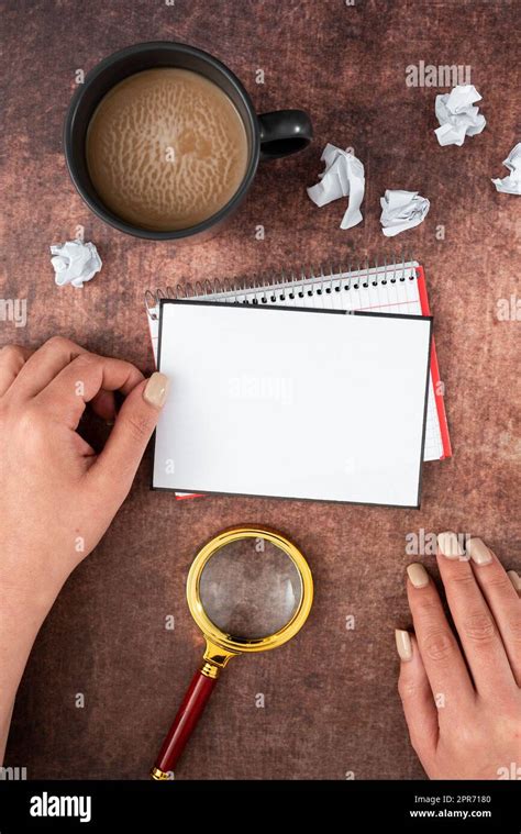 Hands Of Woman Having Blank Sheet With Copy Space Magnifying Glass