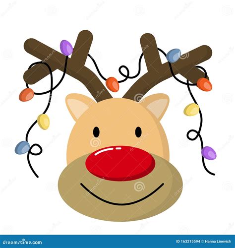 Cute Christmas Reindeer Face Funny Cartoon Deer With Decorative Lights