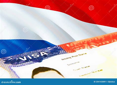 Netherlands Immigration Document Close Up Passport Visa On Netherlands Flag Netherlands