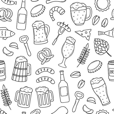 Premium Vector Seamless Pattern Of Beer And Snacks Doodle Brewery In