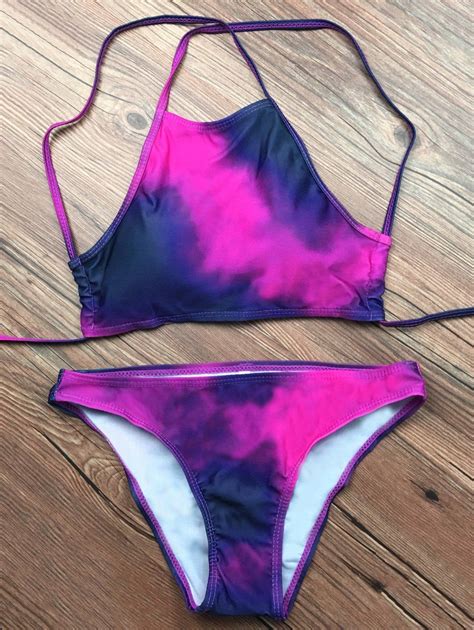 Tie Dyed High Neck Padded Bikini Purple High Neck Bikinis Tie Dye