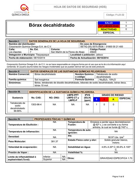 Bórax decahidratado Corporación Química Omega