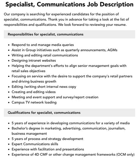 Specialist Communications Job Description Velvet Jobs