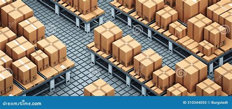 Cardboard Boxes On Conveyor Belts And Rows Of Boxes In A Distribution