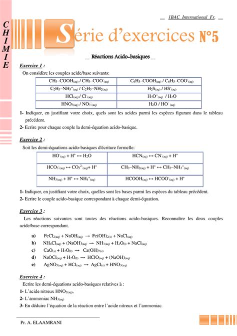 Les reactions acido basiques exercices non corriges 1 1 érie d