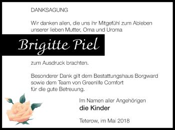 Traueranzeigen Von Brigitte Piel Trauer Nordkurier