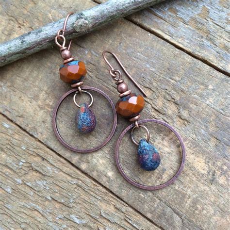 Burnt Orange Earrings Boho Dangle Earrings Copper Drop Earrings