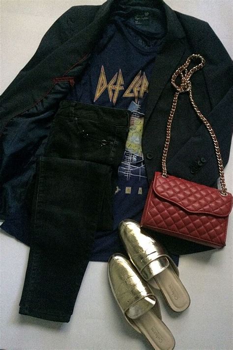 Blazer Band Tee Gold Loafer Mules Red Bag Black Skinnies Loafer Mules