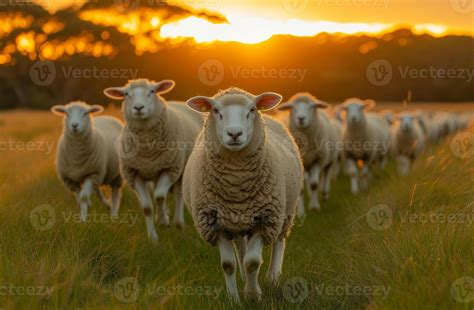 Ai Generated Small Mob Of Sheep Running Through Grassy Field At Sunset